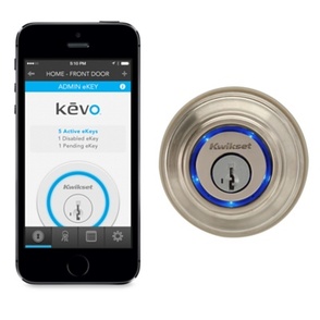 Kwikset Kevo Wireless-Enabled Deadbolt Lock  - image shows app in smart-phone and lock