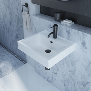 Caroma Liano Nexus Wall Basin - shown with optional shroud and black waste 